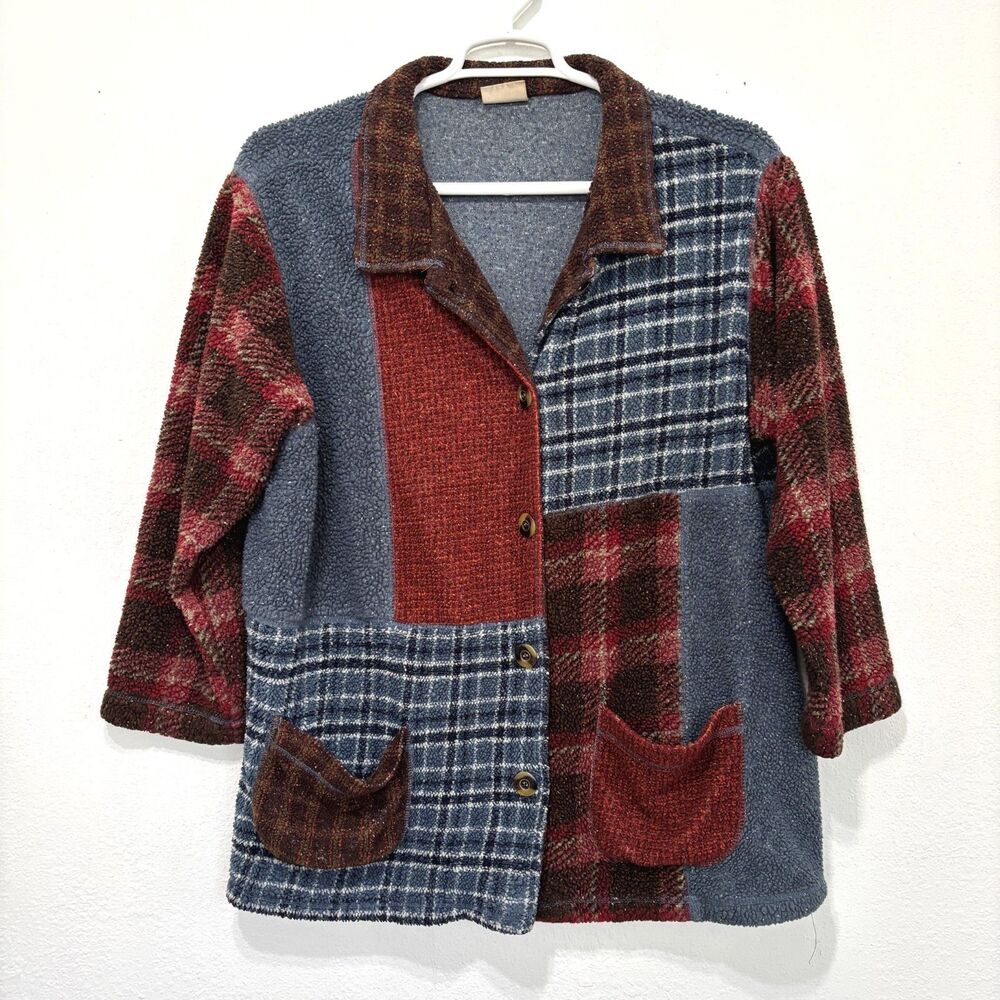 Womens Vintage Patchwork Fleece Shacket Large Boho Earthy Granola Cottage Indie
